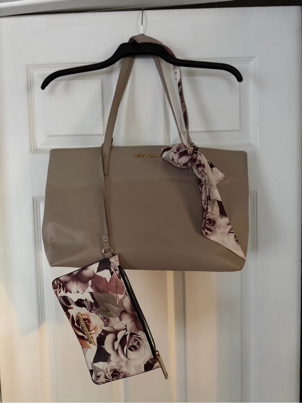 Betsey Johnson Taupe Tote with Floral Scarf and Matching Floral Pouch